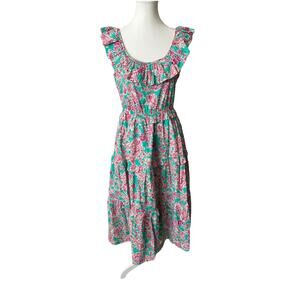J. Crew Midi Dress Size 4 Pink Teal Green Floral Ruffle Layered Cotton Tiered
